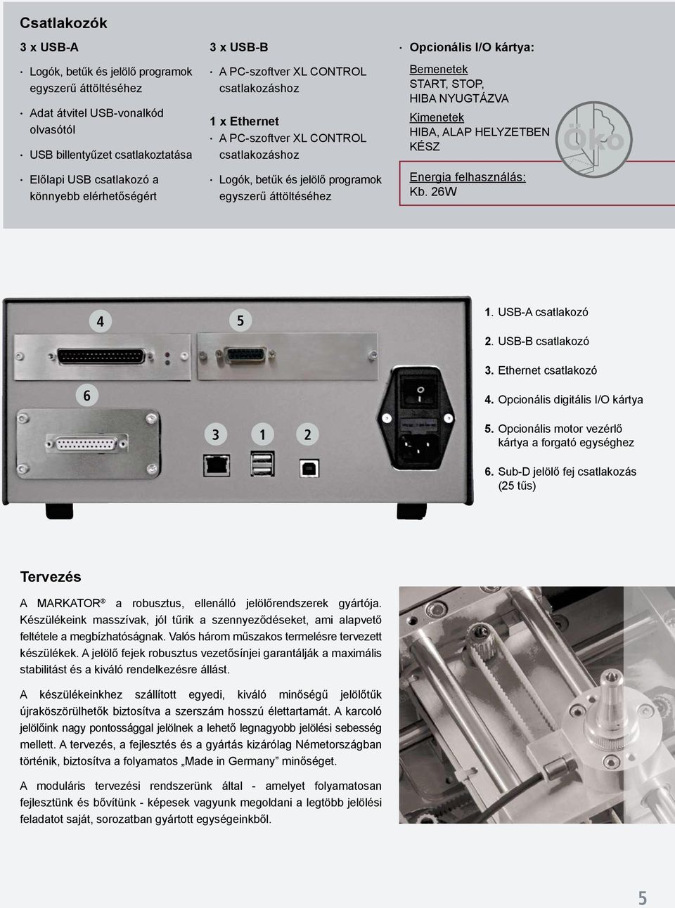 HIBA NYUGTÁZVA Kimenetek HIBA, ALAP HELYZETBEN KÉSZ Energia felhasználás: Kb. 26W 4 5 1. USB-A csatlakozó 2. USB-B csatlakozó 3. Ethernet csatlakozó 6 4. Opcionális digitális I/O kártya 3 1 2 5.