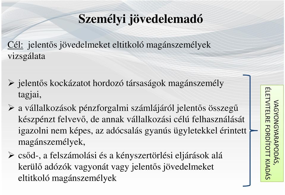 felhasználását igazolni nem képes, az adócsalás gyanús ügyletekkel érintett magánszemélyek, csőd-, a felszámolási és a