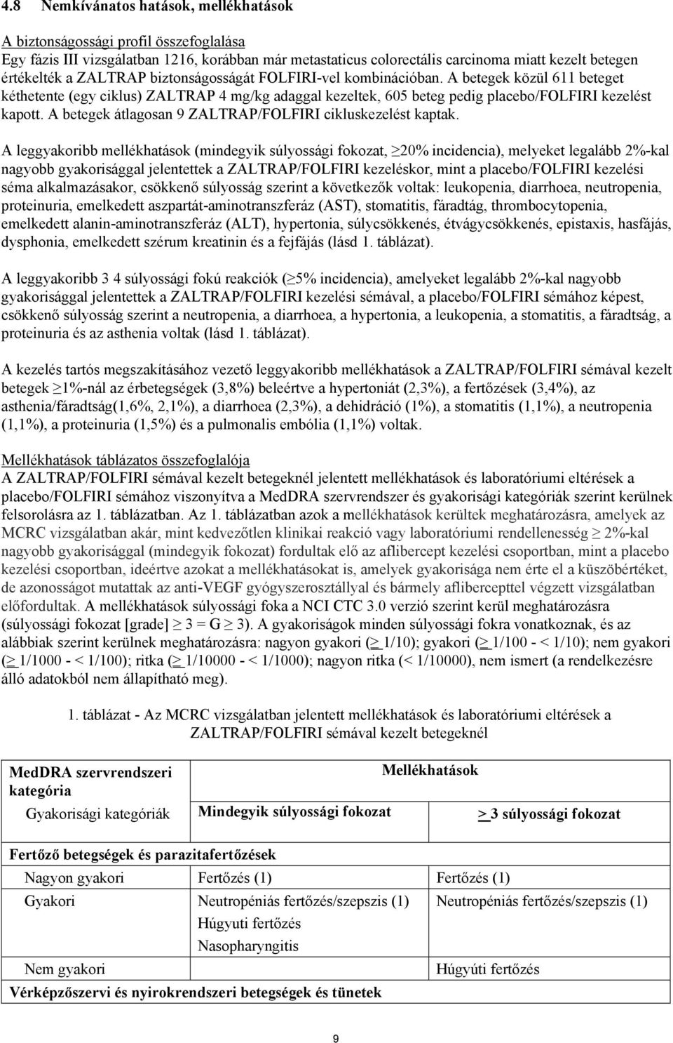 A betegek átlagosan 9 ZALTRAP/FOLFIRI cikluskezelést kaptak.