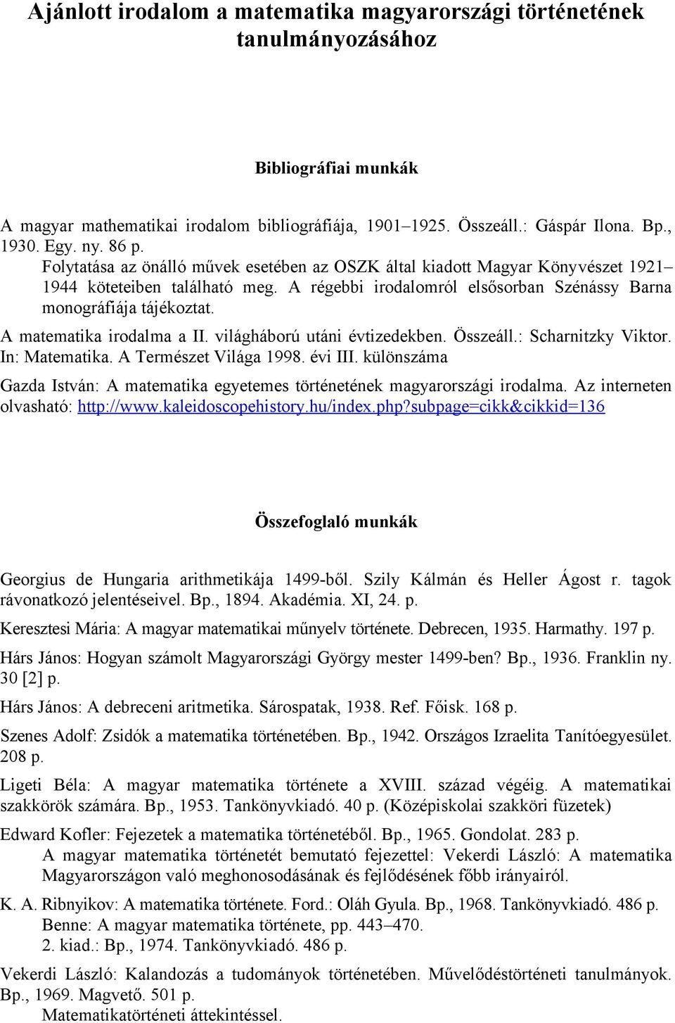 Ajánlott irodalom a matematika magyarországi történetének tanulmányozásához  - PDF Free Download