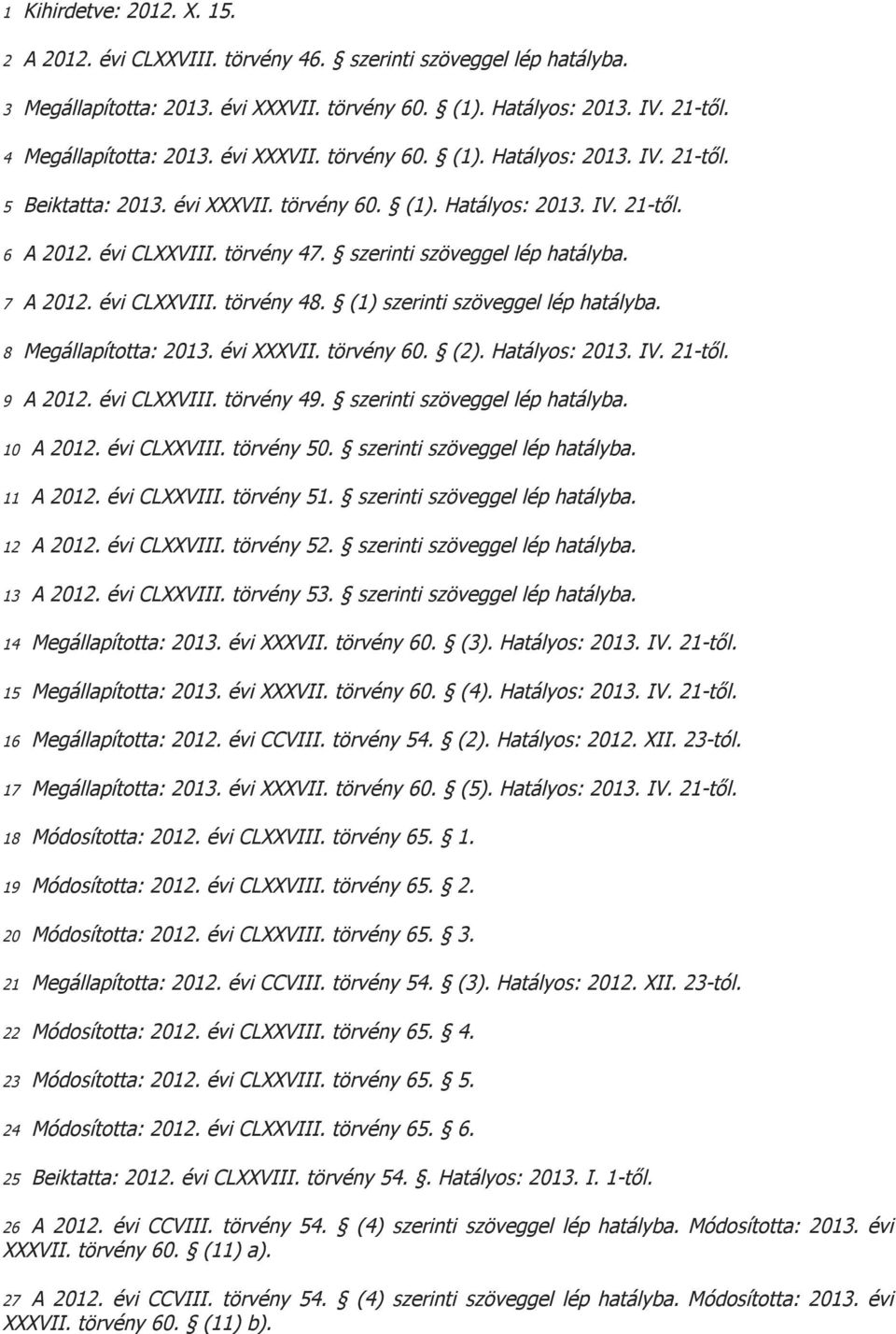 szerinti szöveggel lép hatályba. 7 A 2012. évi CLXXVIII. törvény 48. (1) szerinti szöveggel lép hatályba. 8 Megállapította: 2013. évi XXXVII. törvény 60. (2). Hatályos: 2013. IV. 21-től. 9 A 2012.