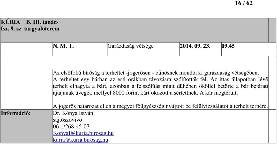 A terheltet egy bárban az esti órákban távozásra szólították fel.