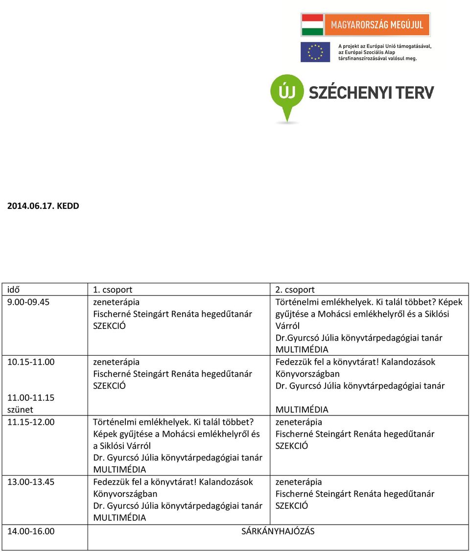 00 zeneterápia 11.00-11.15 11.15-12.00 Történelmi emlékhelyek. Ki talál többet?