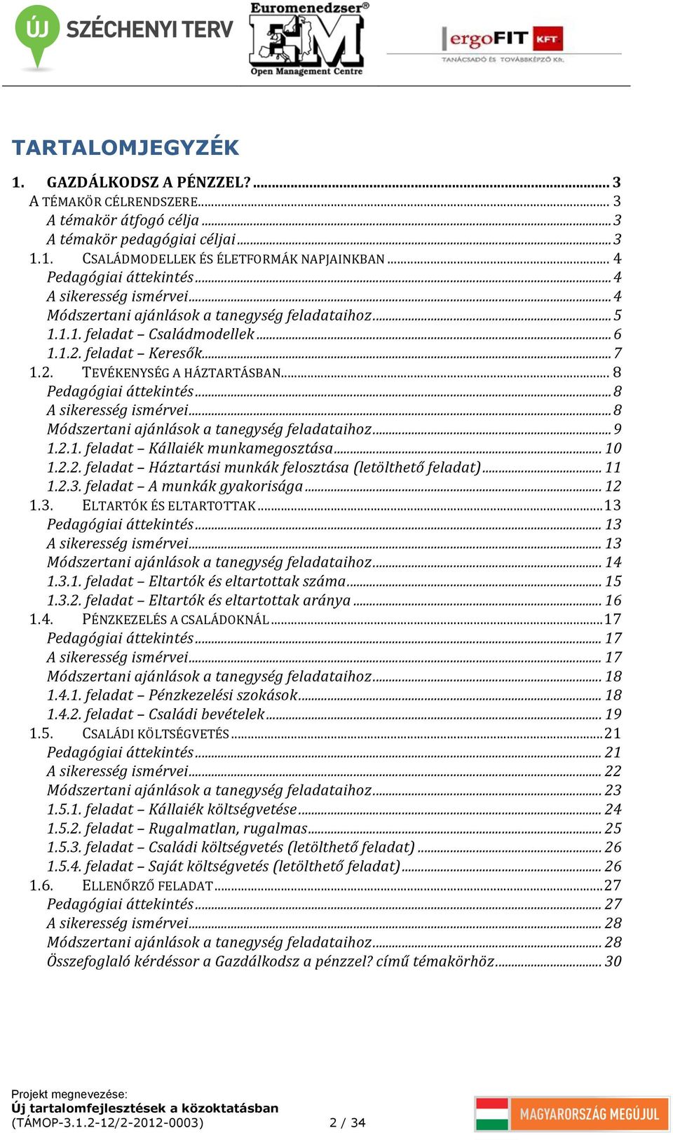 .. 8 Pedagógiai áttekintés... 8 A sikeresség ismérvei... 8 Módszertani ajánlások a tanegység feladataihoz... 9 1.2.1. feladat Kállaiék munkamegosztása... 10 1.2.2. feladat Háztartási munkák felosztása (letölthető feladat).