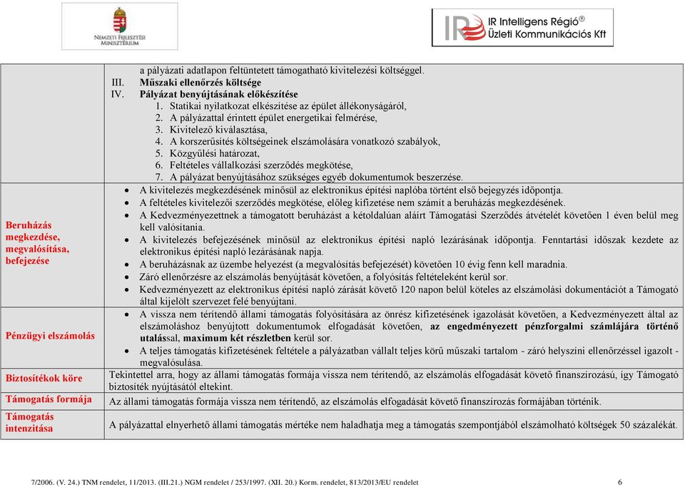 Kivitelező kiválasztása, 4. A korszerűsítés költségeinek elszámolására vonatkozó szabályok, 5. Közgyűlési határozat, 6. Feltételes vállalkozási szerződés megkötése, 7.