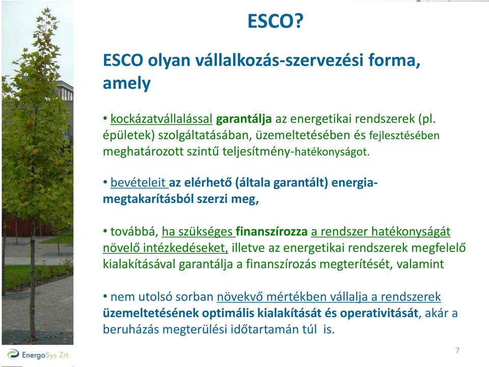 bevételeit az elérhető (általa garantált) energiamegtakarításból szerzi meg, továbbá, ha szükséges finanszírozza a rendszer hatékonyságát növelő intézkedéseket, illetve