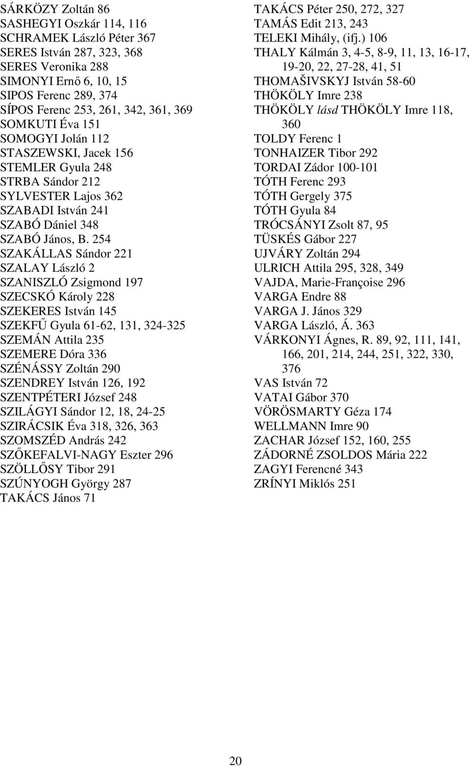 254 SZAKÁLLAS Sándor 221 SZALAY László 2 SZANISZLÓ Zsigmond 197 SZECSKÓ Károly 228 SZEKERES István 145 SZEKFŐ Gyula 61-62, 131, 324-325 SZEMÁN Attila 235 SZEMERE Dóra 336 SZÉNÁSSY Zoltán 290 SZENDREY