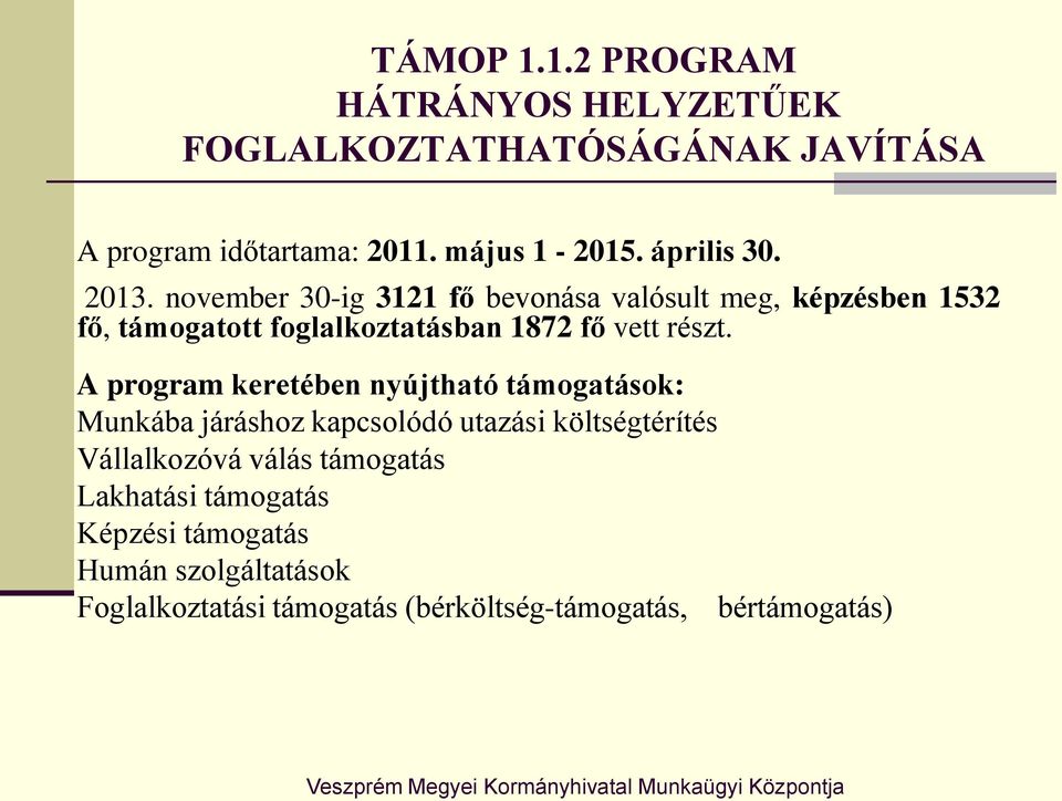 november 30-ig 3121 fő bevonása valósult meg, képzésben 1532 fő, támogatott foglalkoztatásban 1872 fő vett részt.