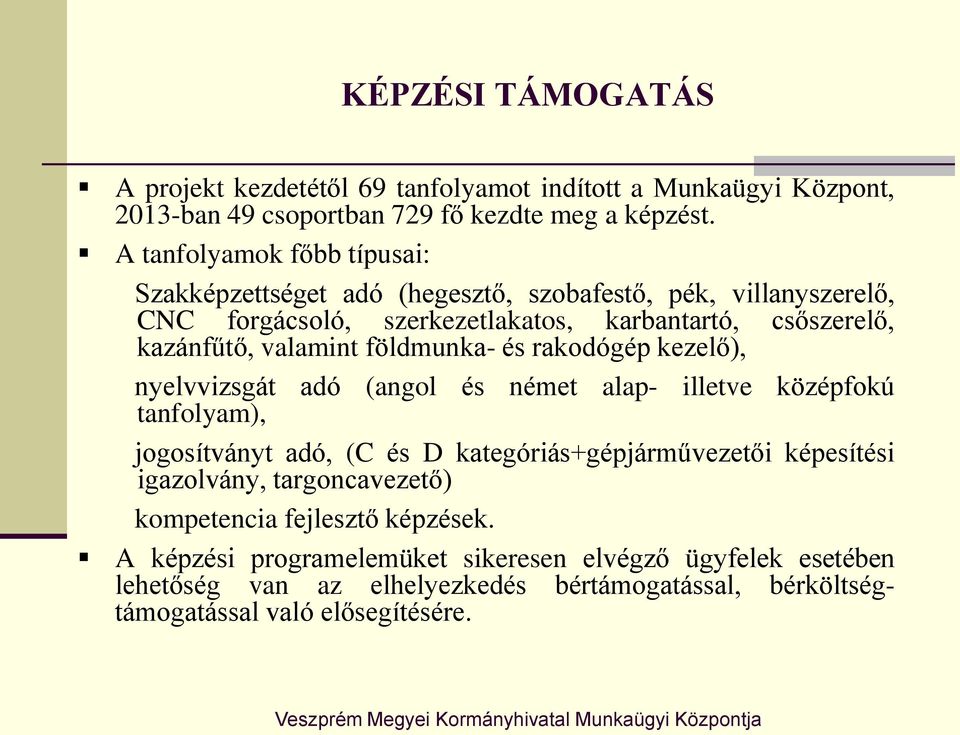 földmunka- és rakodógép kezelő), nyelvvizsgát adó (angol és német alap- illetve középfokú tanfolyam), jogosítványt adó, (C és D kategóriás+gépjárművezetői képesítési