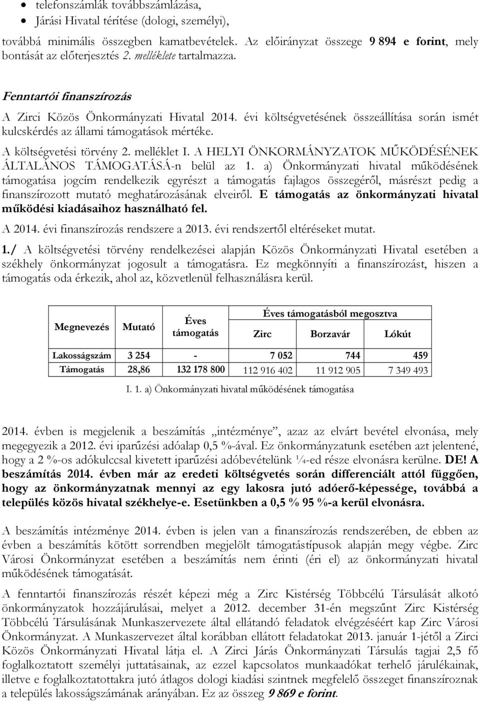 A költségvetési törvény 2. melléklet I. A HELYI ÖNKORMÁNYZATOK MŰKÖDÉSÉNEK ÁLTALÁNOS TÁMOGATÁSÁ-n belül az 1.