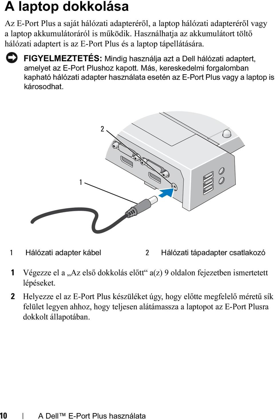 Más, kereskedelmi forgalomban kapható hálózati adapter használata esetén az E-Port Plus vagy a laptop is károsodhat.