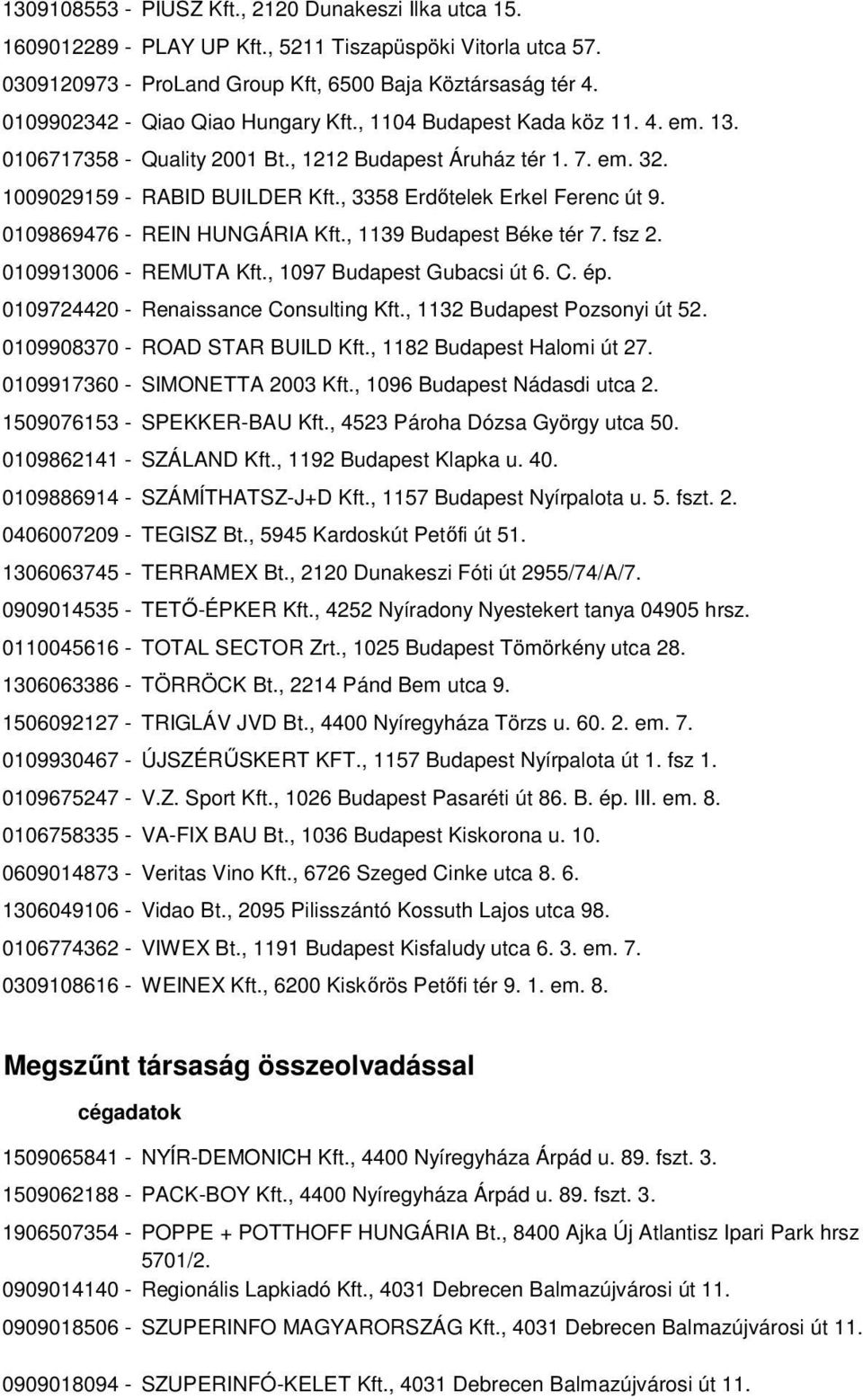 , 3358 Erdıtelek Erkel Ferenc út 9. 0109869476 - REIN HUNGÁRIA Kft., 1139 Budapest Béke tér 7. fsz 2. 0109913006 - REMUTA Kft., 1097 Budapest Gubacsi út 6. C. ép.