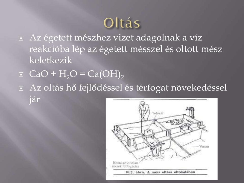 mész keletkezik CaO + H 2 O = Ca(OH) 2 Az