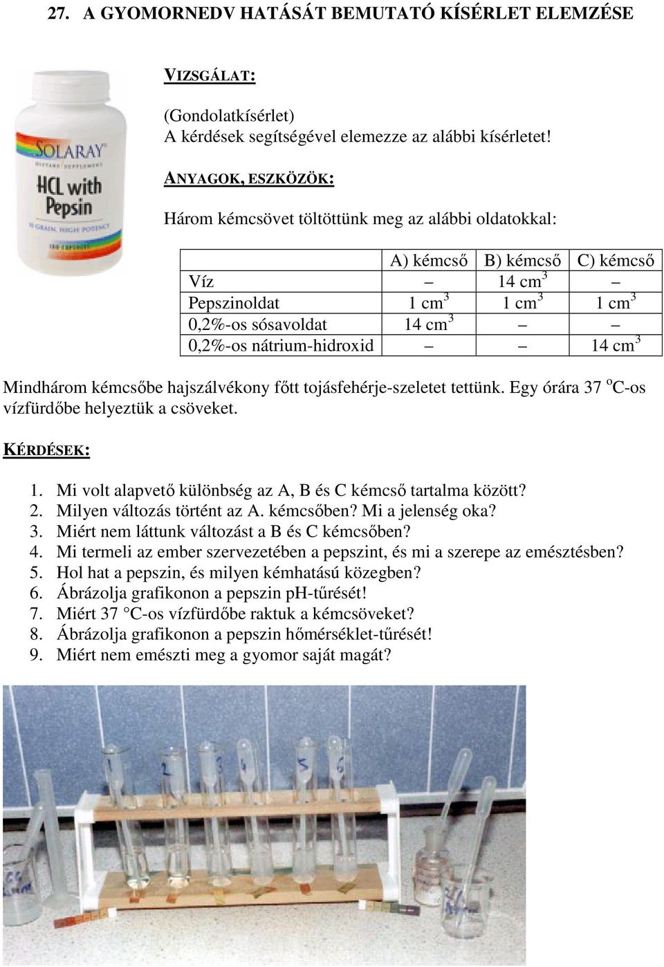 14 cm 3 Mindhárom kémcsőbe hajszálvékony főtt tojásfehérje-szeletet tettünk. Egy órára 37 o C-os vízfürdőbe helyeztük a csöveket. KÉRDÉSEK: 1.