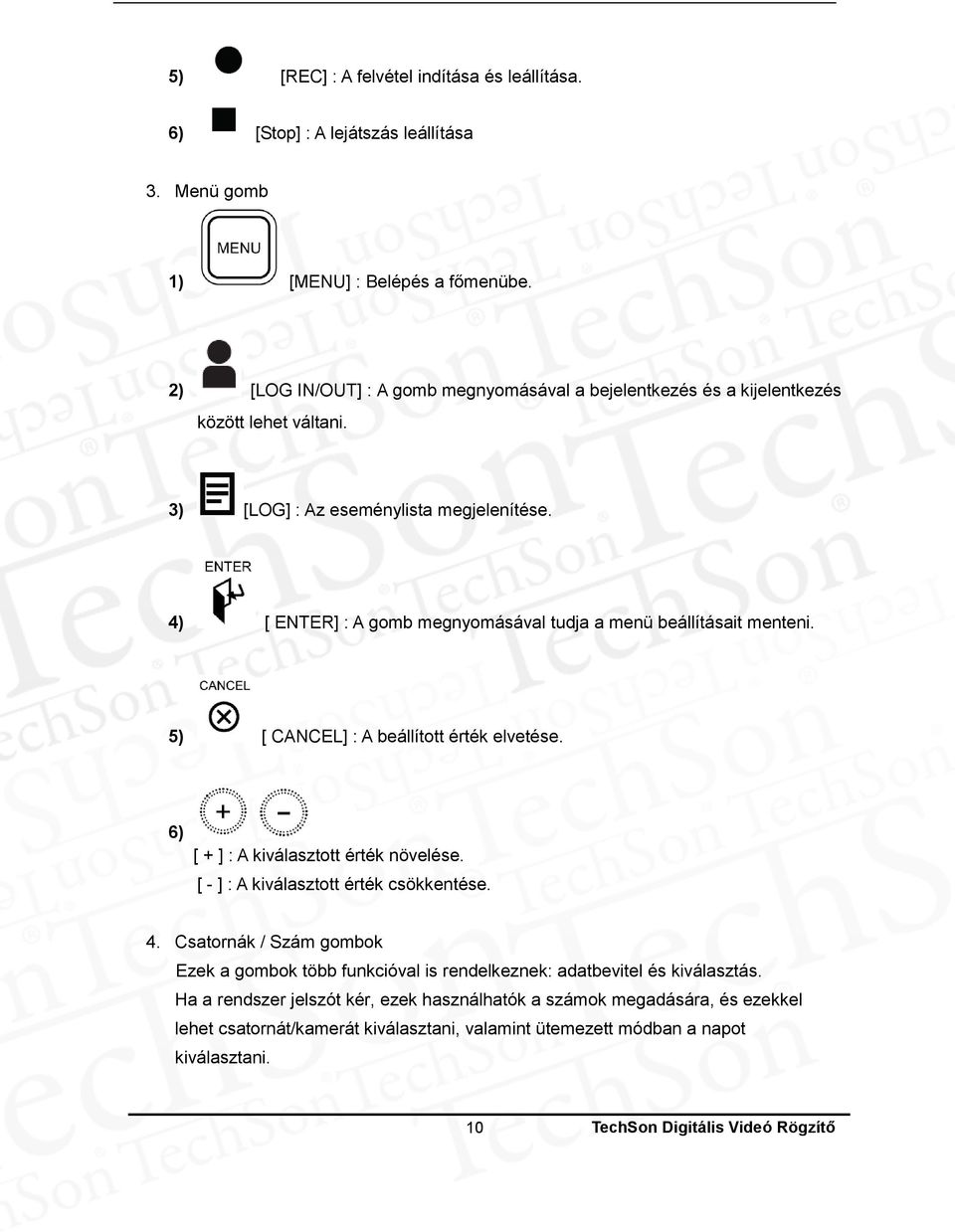 4) [ ENTER] : A gomb megnyomásával tudja a menü beállításait menteni. 5) [ CANCEL] : A beállított érték elvetése. 6) [ + ] : A kiválasztott érték növelése.