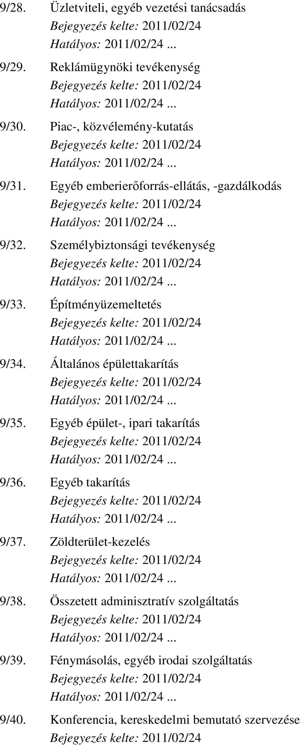 Általános épülettakarítás 9/35. Egyéb épület-, ipari takarítás 9/36. Egyéb takarítás 9/37. Zöldterület-kezelés 9/38.