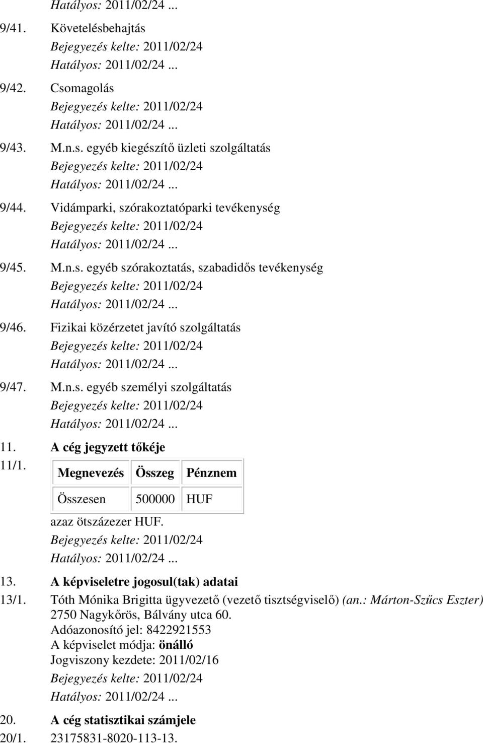 Megnevezés Összeg Pénznem Összesen 500000 HUF azaz ötszázezer HUF. 13. A képviseletre jogosul(tak) adatai 13/1. Tóth Mónika Brigitta ügyvezető (vezető tisztségviselő) (an.