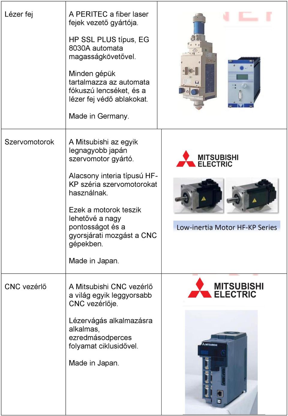 Szervomotorok A Mitsubishi az egyik legnagyobb japán szervomotor gyártó. Alacsony interia típusú HF- KP széria szervomotorokat használnak.