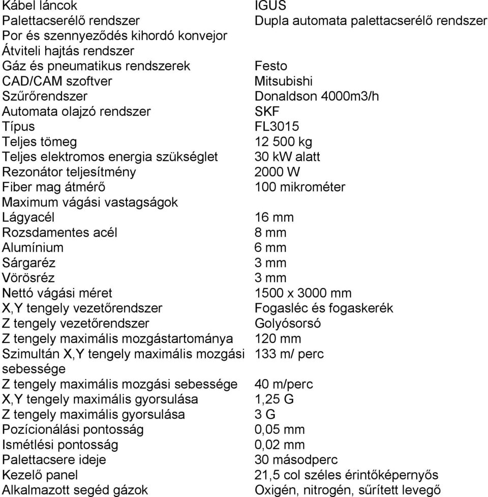 mozgástartománya Szimultán X,Y tengely maximális mozgási sebessége Z tengely maximális mozgási sebessége X,Y tengely maximális gyorsulása Z tengely maximális gyorsulása Pozícionálási pontosság