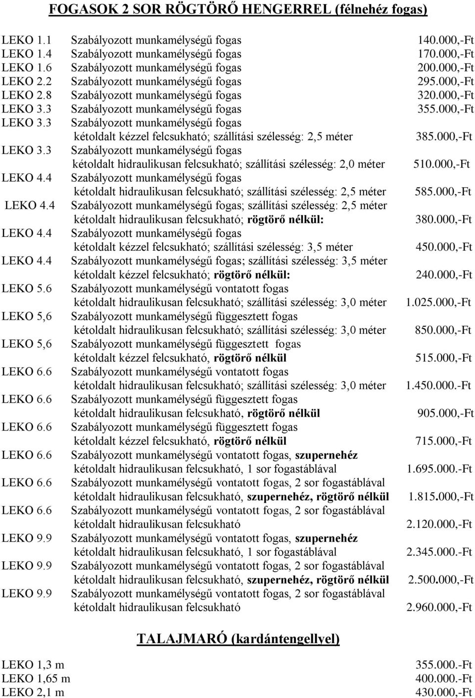 3 Szabályozott munkamélységű fogas 355.000,-Ft LEKO 3.3 Szabályozott munkamélységű fogas kétoldalt kézzel felcsukható; szállítási szélesség: 2,5 méter 385.000,-Ft LEKO 3.3 Szabályozott munkamélységű fogas kétoldalt hidraulikusan felcsukható; szállítási szélesség: 2,0 méter 510.