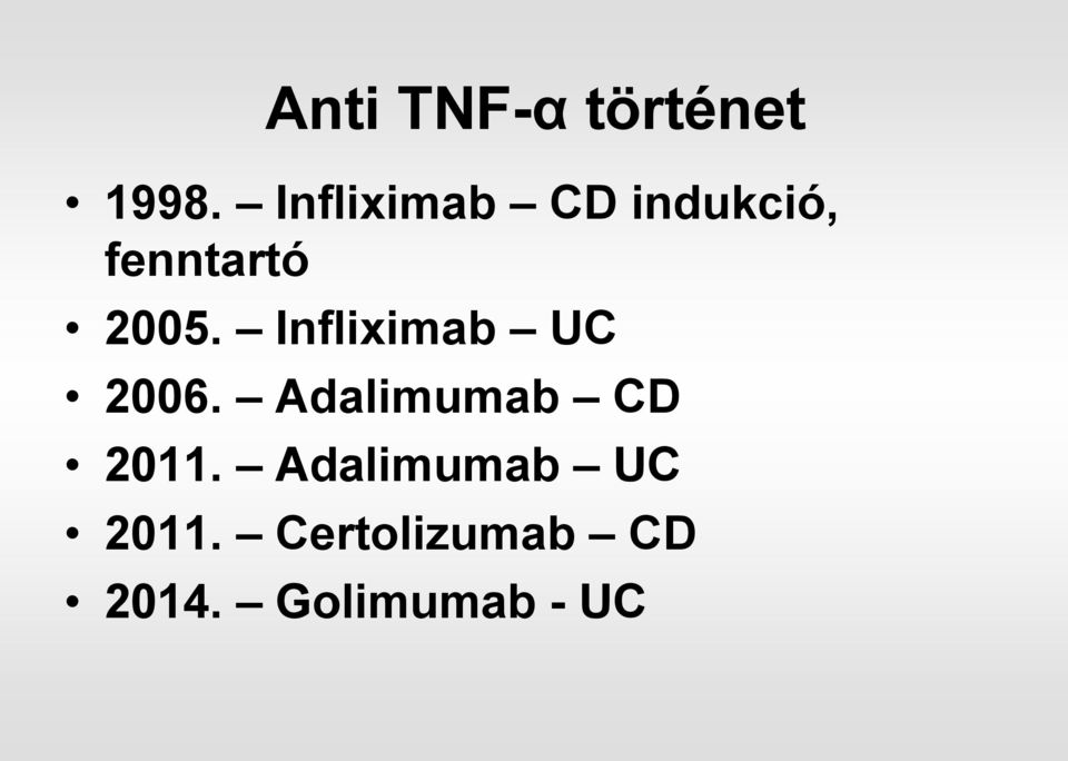 Infliximab UC 2006. Adalimumab CD 2011.