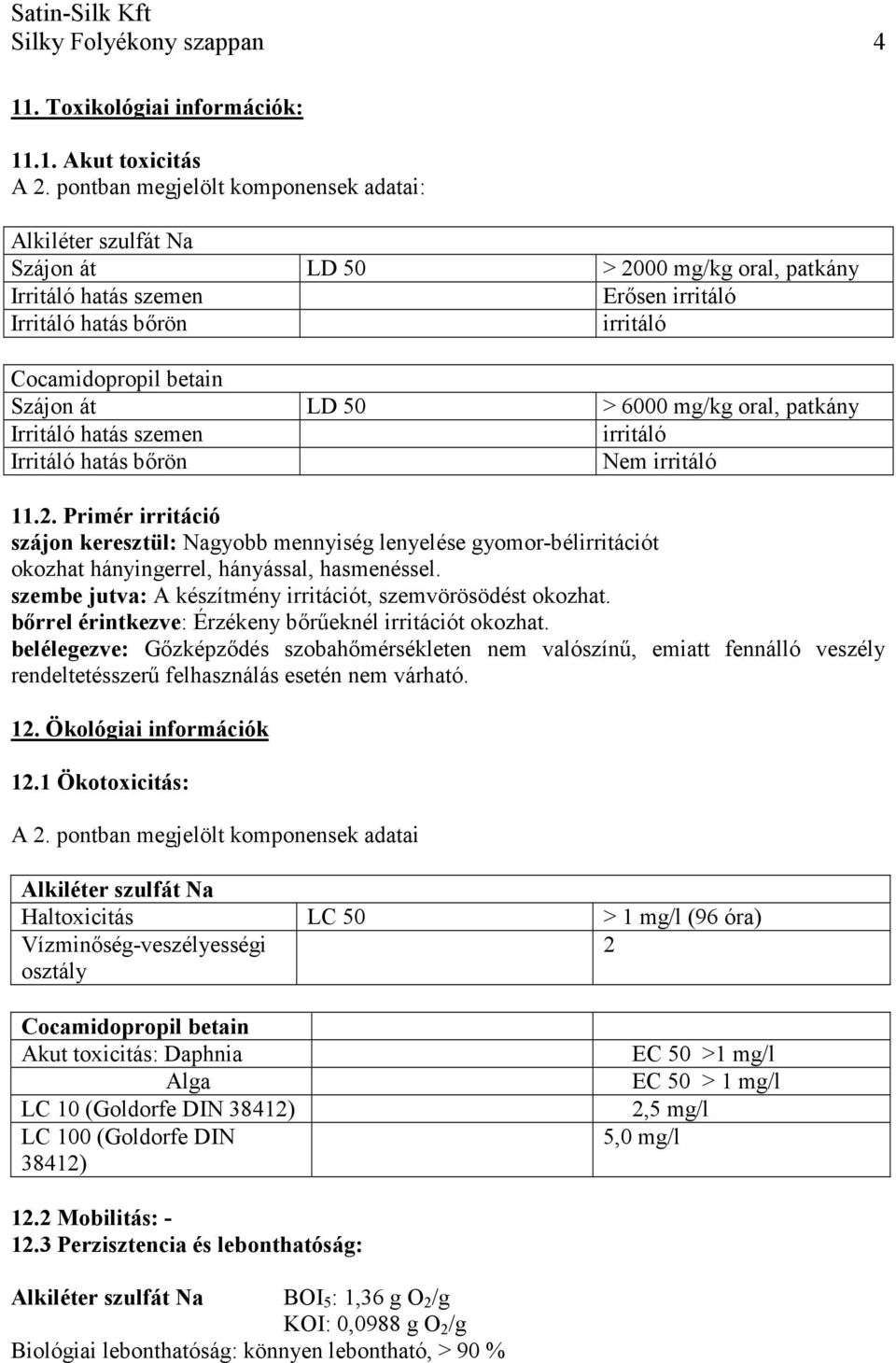át LD 50 > 6000 mg/kg oral, patkány Irritáló hatás szemen irritáló Irritáló hatás bőrön Nem irritáló 11.2.