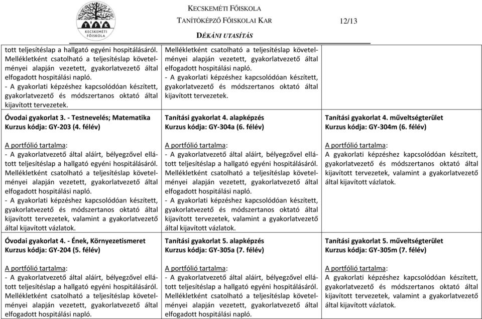 félév) - A gyakorlatvezető által aláírt, bélyegzővel ellátott teljesítéslap a hallgató egyéni hospitálásáról.