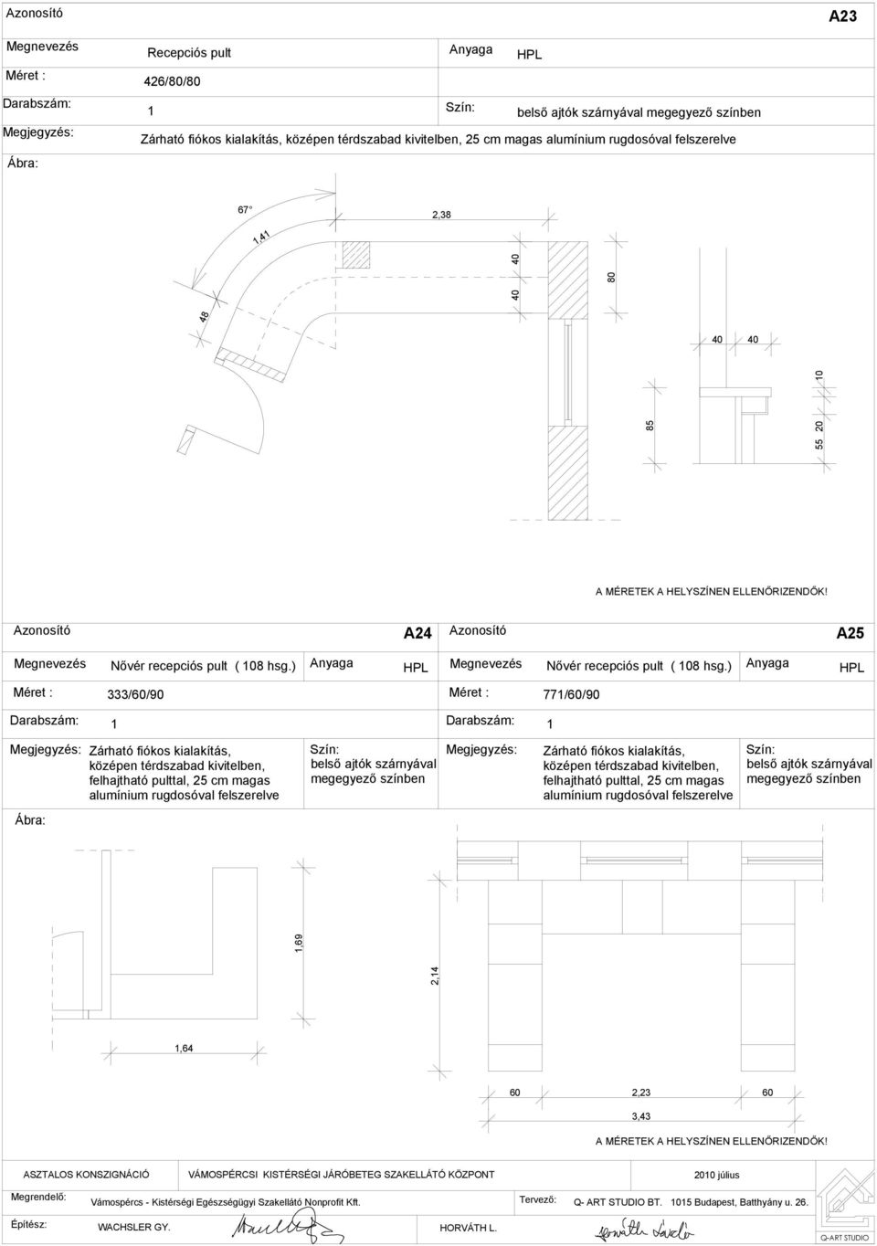 ) Anyaga HPL Méret : 333/60/90 Méret : 77/60/90 Zárható fiókos kialakítás, középen térdszabad kivitelben, felhajtható pulttal, 25 cm magas alumínium rugdosóval felszerelve Szín: belső ajtók