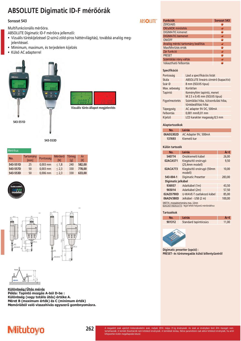 Mimimum, maximum, és terjedelem kijelzés Külső C adapterrel 543-551D 543-553D Vizuális tűrés-állapot megjelenítés Pontosság [N] 543-551D 25 0,003 1,8 240 582,00 543-557D 50 0,003 2,3 330 778,00