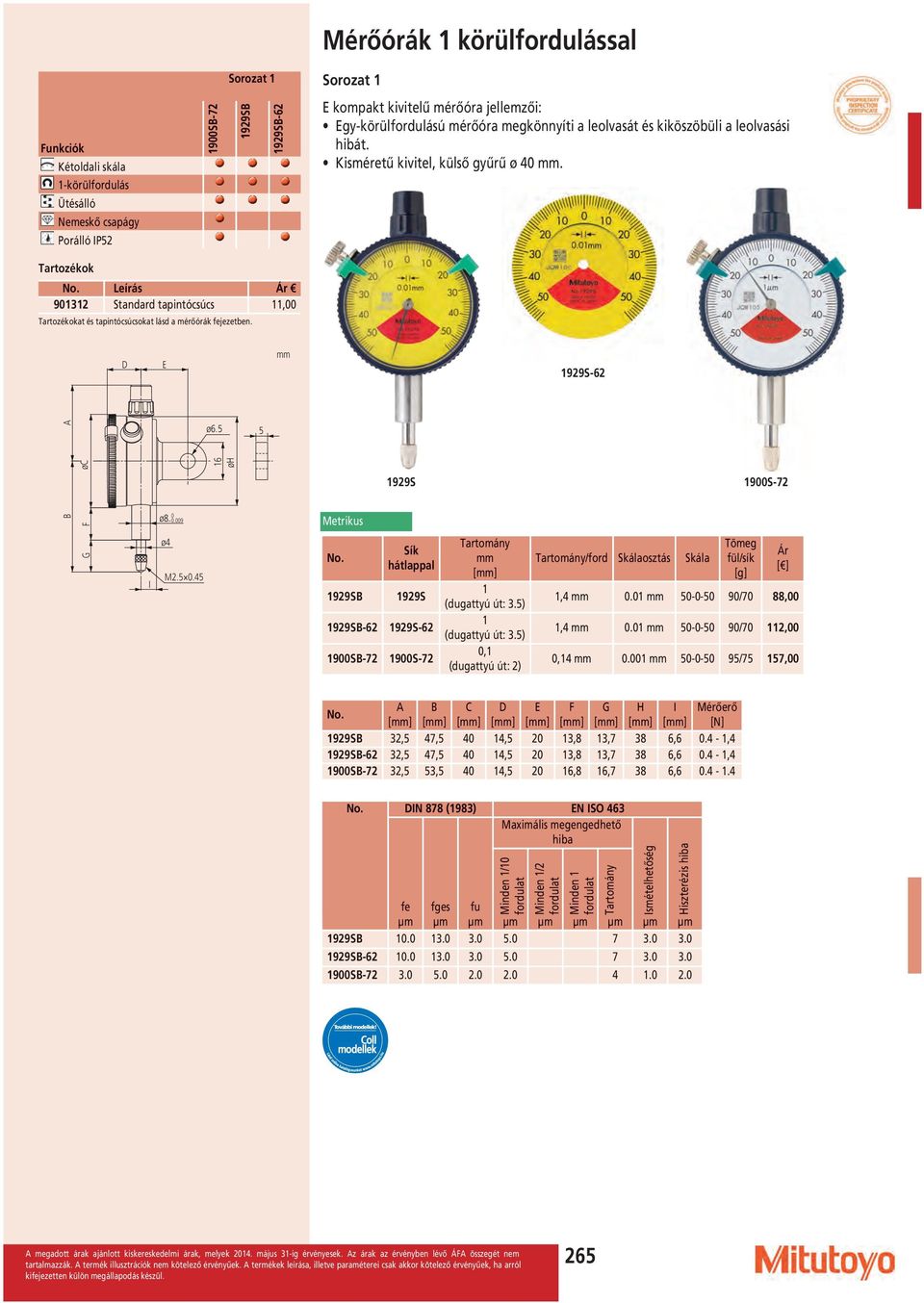 eírás 901312 Standard tapintócsúcs 11,00 at és tapintócsúcsokat lásd a mérőórák fejezetben. D E 1929S-62 ø6.5 5 B G F øc I ø8 0 0.009 ø4 M2.5 0.