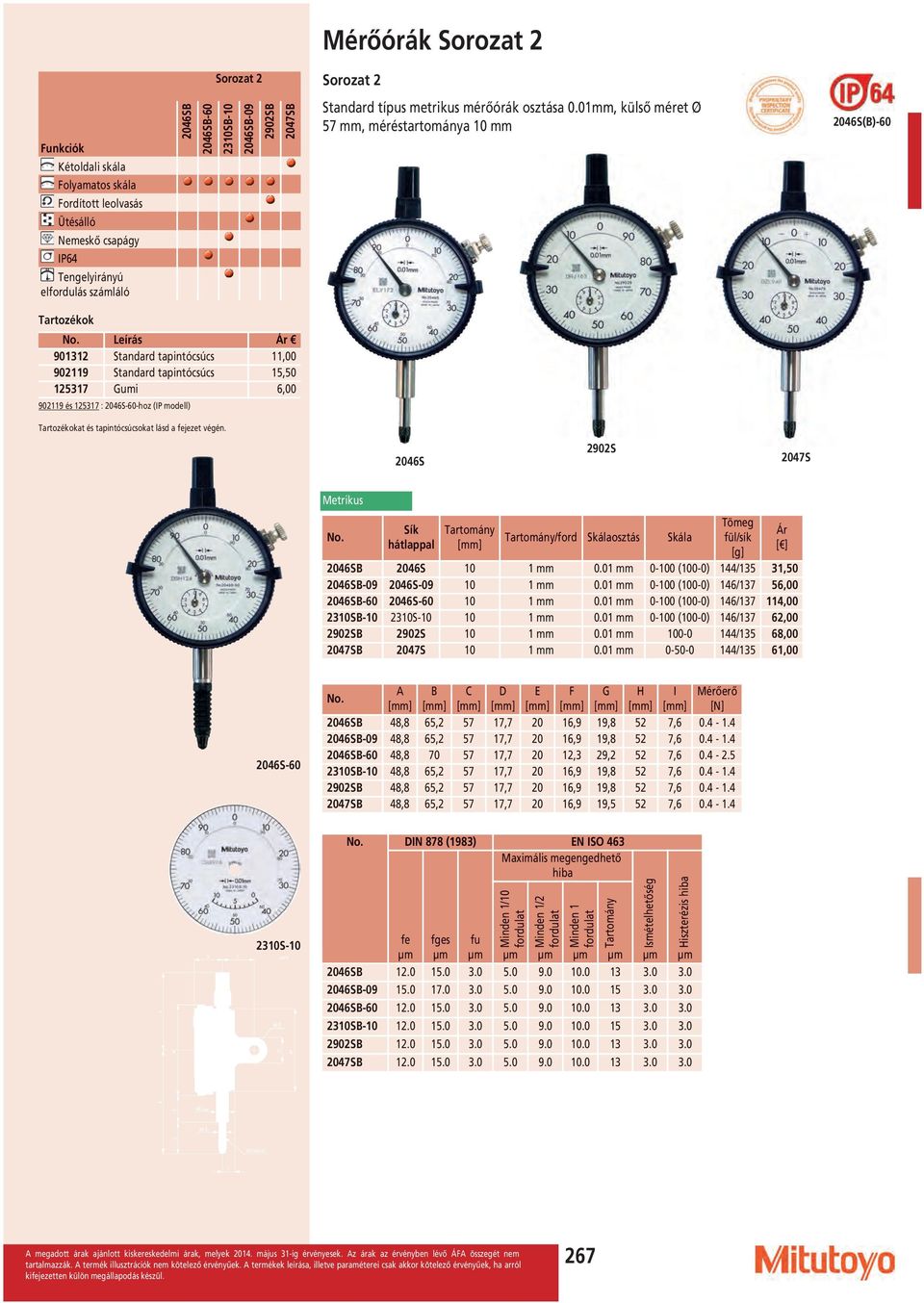 01, külső méret Ø 57, méréstartománya 10 2046S(B)-60 eírás 901312 Standard tapintócsúcs 11,00 902119 Standard tapintócsúcs 15,50 125317 Gumi 6,00 902119 és 125317 : 2046S-60-hoz (IP modell) at és