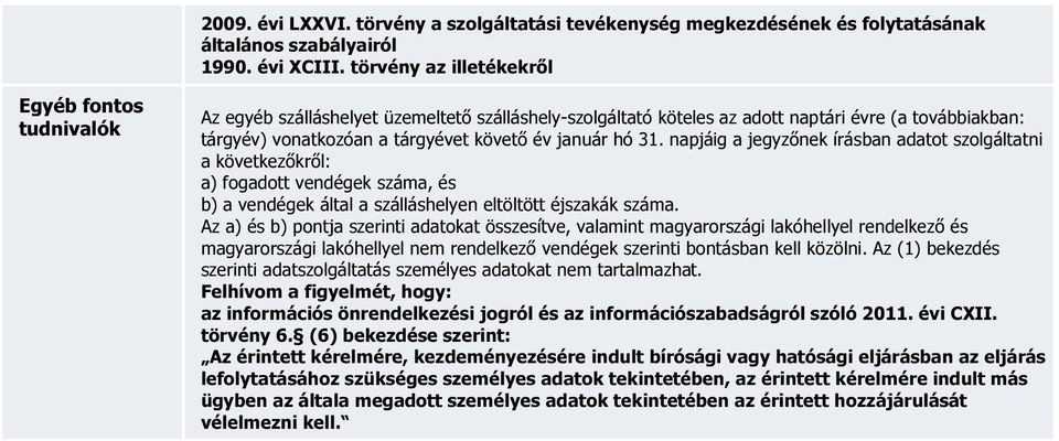 január hó 31. napjáig a jegyzőnek írásban adatot szolgáltatni a következőkről: a) fogadott vendégek száma, és b) a vendégek által a szálláshelyen eltöltött éjszakák száma.