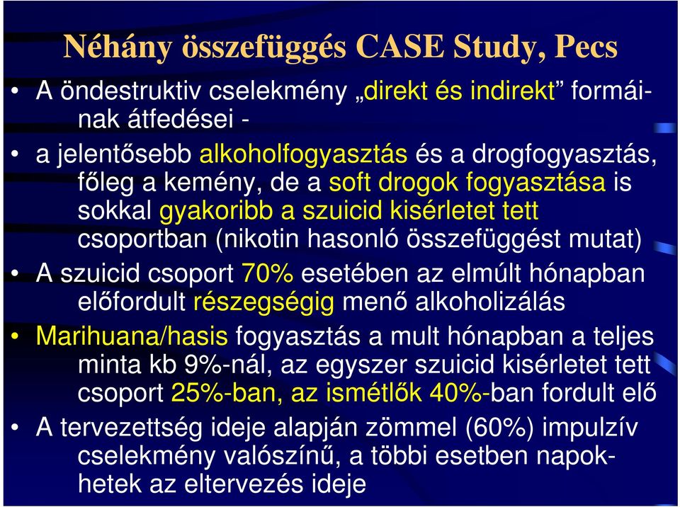 elmúlt hónapban előfordult részegségig menő alkoholizálás Marihuana/hasis fogyasztás a mult hónapban a teljes minta kb 9%-nál, az egyszer szuicid kisérletet tett