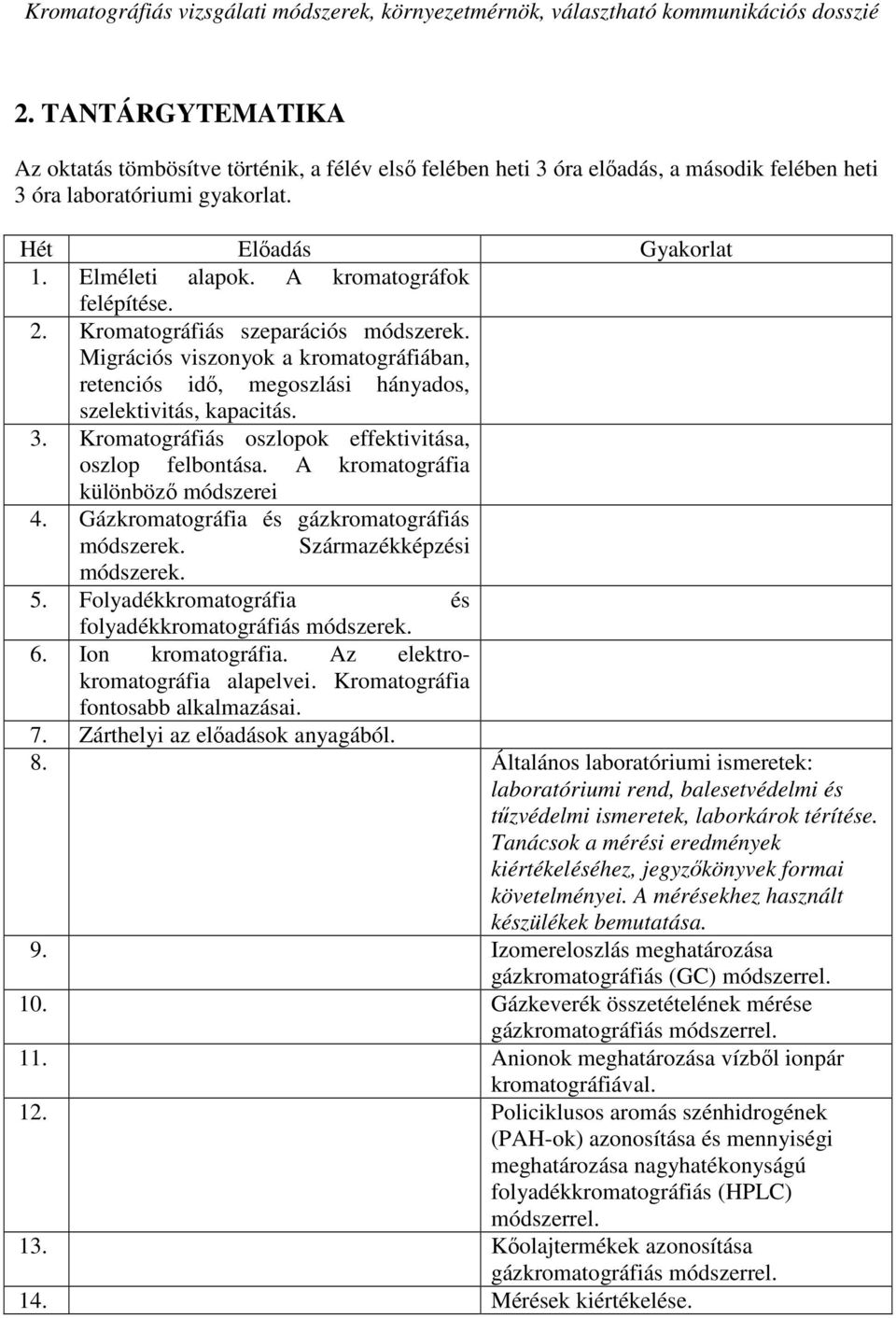 Kromatográfiás oszlopok effektivitása, oszlop felbontása. A kromatográfia különbözı módszerei 4. Gázkromatográfia és gázkromatográfiás módszerek. Származékképzési módszerek. 5.