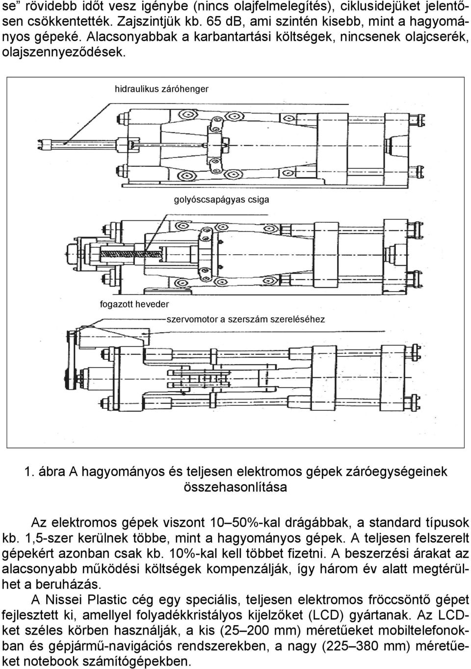 ábra A hagyományos és teljesen elektromos gépek záróegységeinek összehasonlítása Az elektromos gépek viszont 10 50%-kal drágábbak, a standard típusok kb.