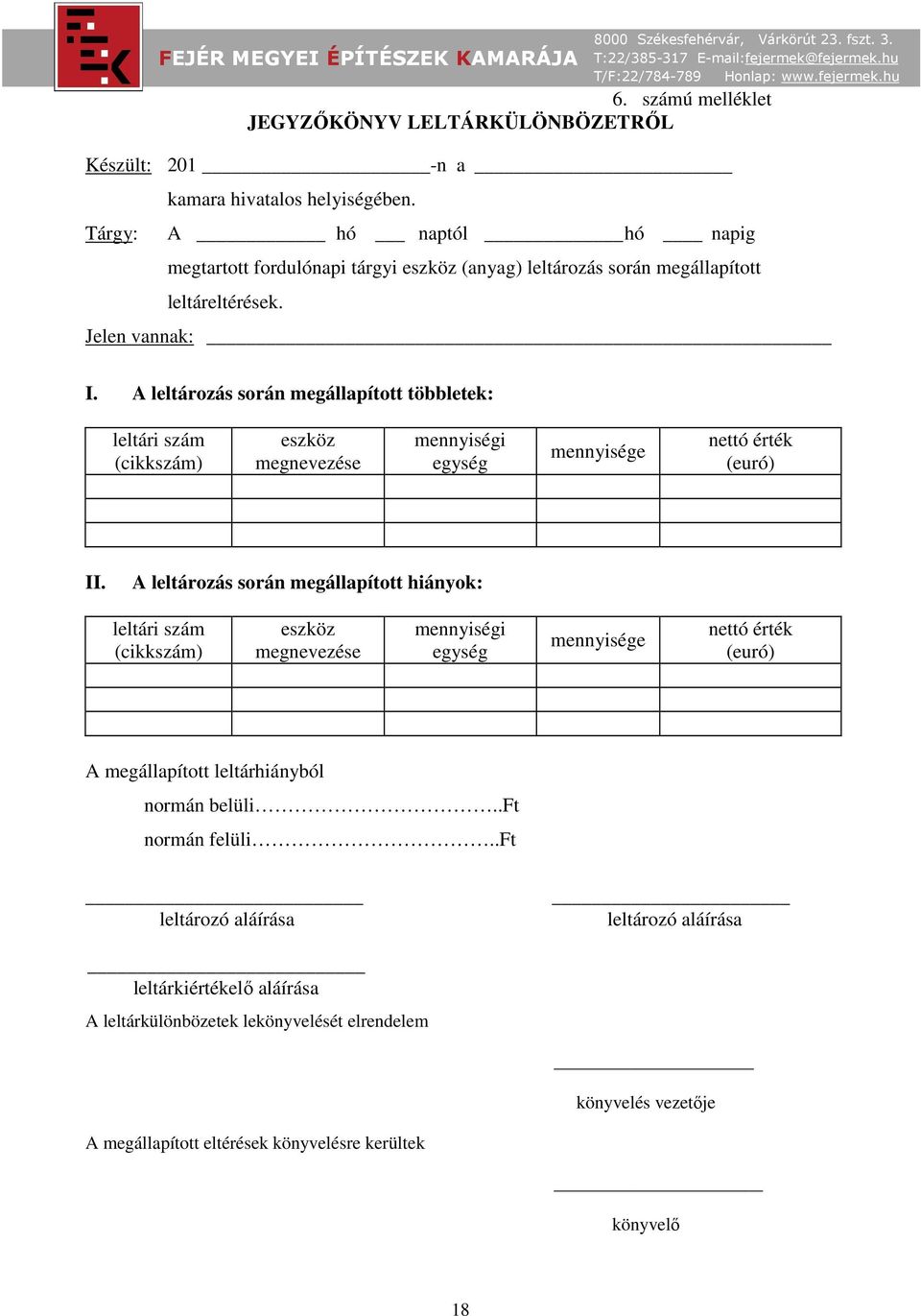 A leltározás során megállapított többletek: leltári szám (cikkszám) eszköz megnevezése mennyiségi egység mennyisége nettó érték (euró) II.