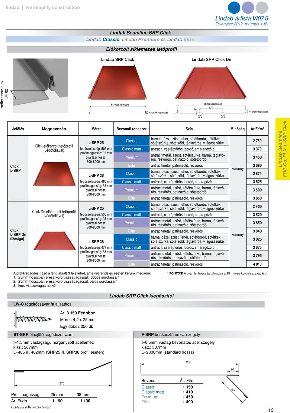 tetôprofil (védôfóliával) L-SRP 25 fedôszélesség: 503 profilmagasság: 25 gyártási hossz: 800-8000 L-SRP 38 fedôszélesség: 480 profilmagasság: 38 gyártási hossz: 800-8000 L-SRP 25 fedôszélesség: 500