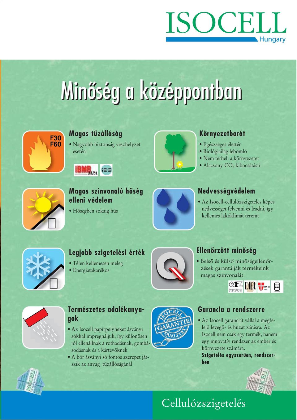 Télen kellemesen meleg Energiatakarékos Ellenôrzött minôség Belsô és külsô minôségellenôrzések garantálják termékeink magas szinvonalát M P A N R W Természetes adalékanyagok Az Isocell papírpelyheket