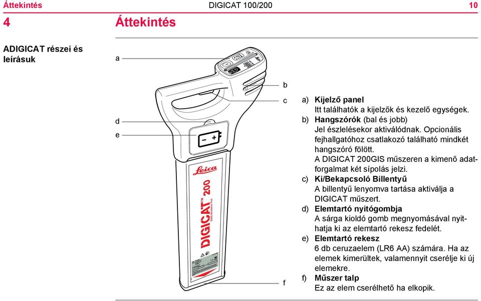 A DIGICAT 200GIS műszeren a kimenő adatforgalmat két sípolás jelzi. c) Ki/Bekapcsoló Billentyű A billentyű lenyomva tartása aktiválja a DIGICAT műszert.
