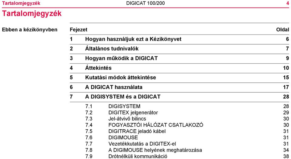 DIGICAT 28 7.1 DIGISYSTEM 28 7.2 DIGITEX jelgenerátor 29 7.3 Jel-átvivő bilincs 30 7.4 FOGYASZTÓI HÁLÓZAT CSATLAKOZÓ 30 7.