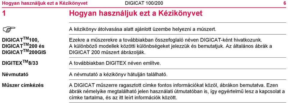 Az általános ábrák a DIGICAT 200 műszert ábrázolják. 6 DIGITEX TM 8/33 Névmutató Műszer címkézés A továbbiakban DIGITEX néven említve. A névmutató a kézikönyv hátulján található.