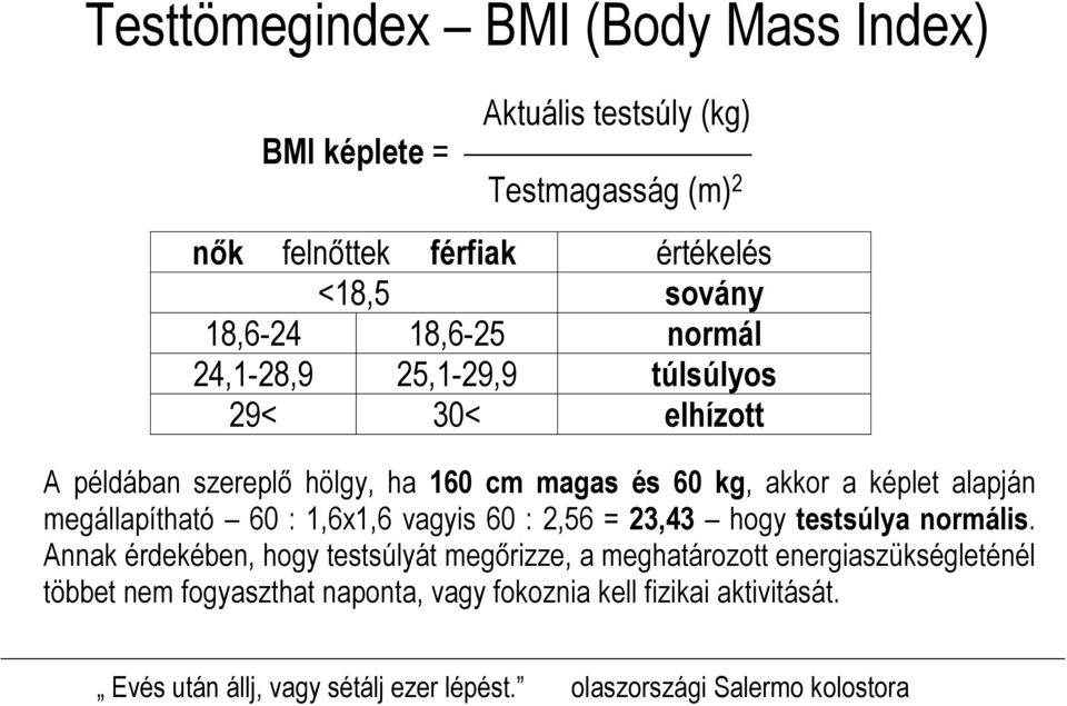 megállapítható 60 : 1,6x1,6 vagyis 60 : 2,56 = 23,43 hogy testsúlya normális.