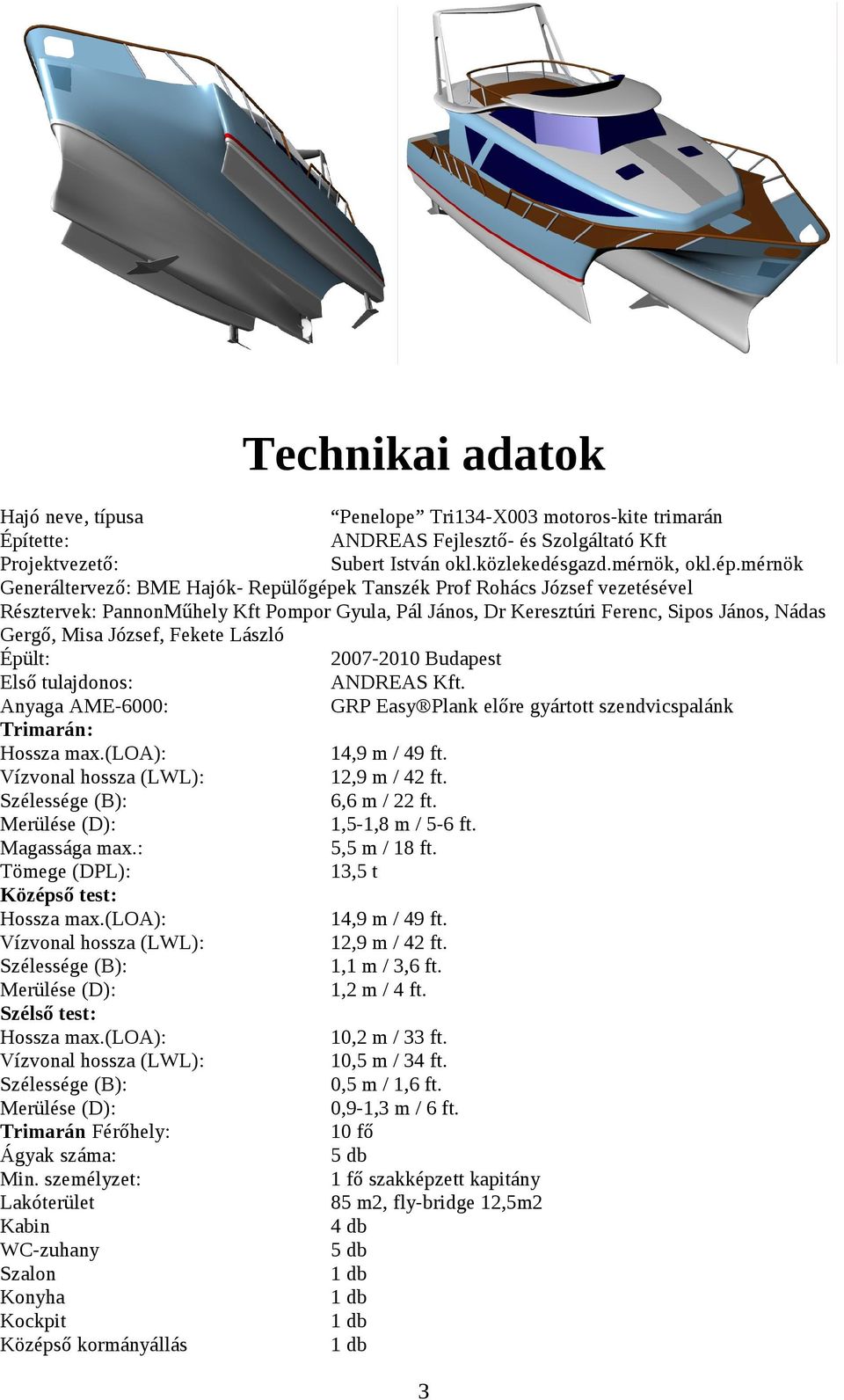 Fekete László Épült: 2007-2010 Budapest Első tulajdonos: ANDREAS Kft. Anyaga AME-6000: GRP Easy Plank előre gyártott szendvicspalánk Trimarán: 14,9 m / 49 ft. 12,9 m / 42 ft. 6,6 m / 22 ft.