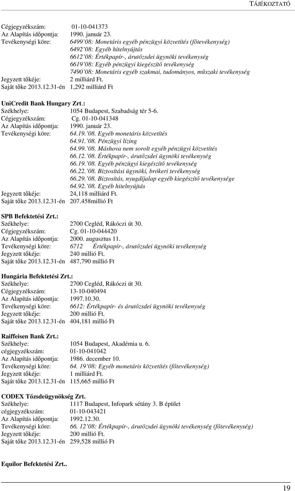 tevékenység 7490 08: Monetáris egyéb szakmai, tudományos, műszaki tevékenység Jegyzett tőkéje: 2 milliárd Ft. Saját tőke 2013.12.31-én 1,292 milliárd Ft UniCredit Bank Hungary Zrt.