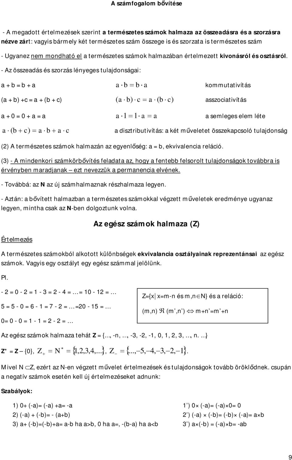 - Az összeadás és szorzás léyeges tulajdoságai: a + b = b + a a b b a ommutativítás (a + b) +c = a + (b + c) ( a b) c a ( b c) asszociativítás a + 0 = 0 + a = a a a a a semleges elem léte a ( b c) a