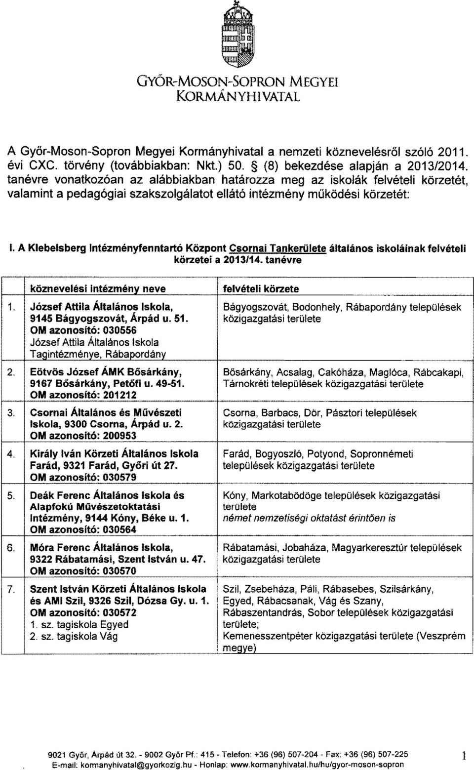 A Klebelsberg Intézményfenntartó Központ Csornai Tankerülete általános iskoláinak felvételi körzetei a 2013/14. tanévre köznevelési intézmény neve felvételi körzete 1.