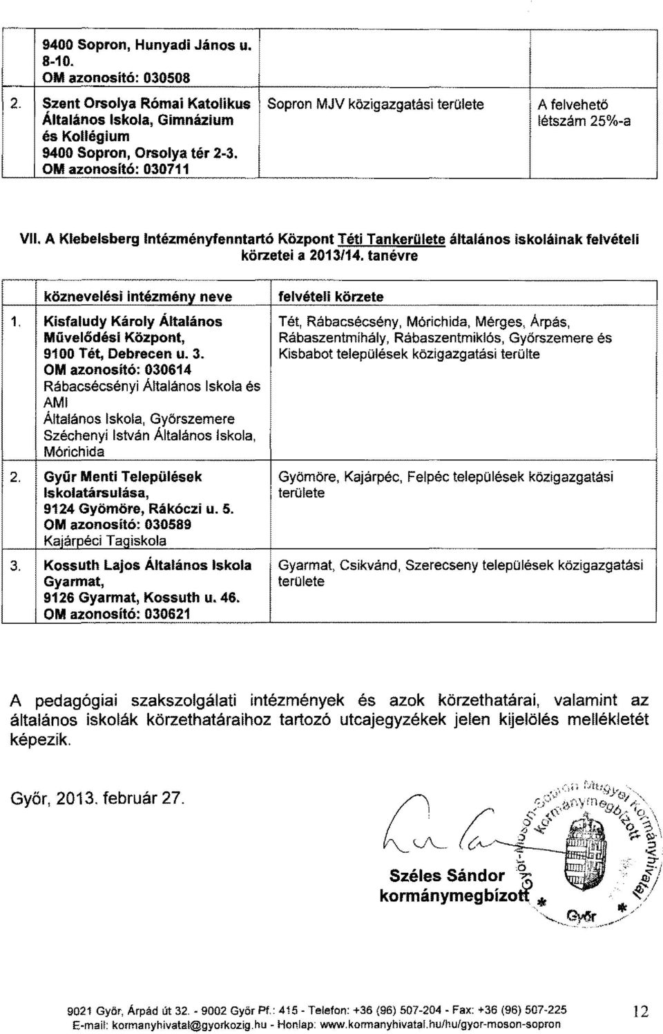 A Klebelsberg Intézményfenntartó Központ Téti Tankerülete általános iskoláinak felvételi körzetei a 2013/14. tanévre köznevelési intézmény neve felvételi körzete 1.