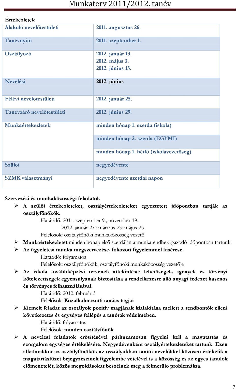 hétfő (iskolavezetőség) Szülői SZMK választmányi negyedévente negyedévente szerdai napon Szervezési és munkaközösségi feladatok A szülői értekezleteket, osztályértekezleteket egyeztetett időpontban