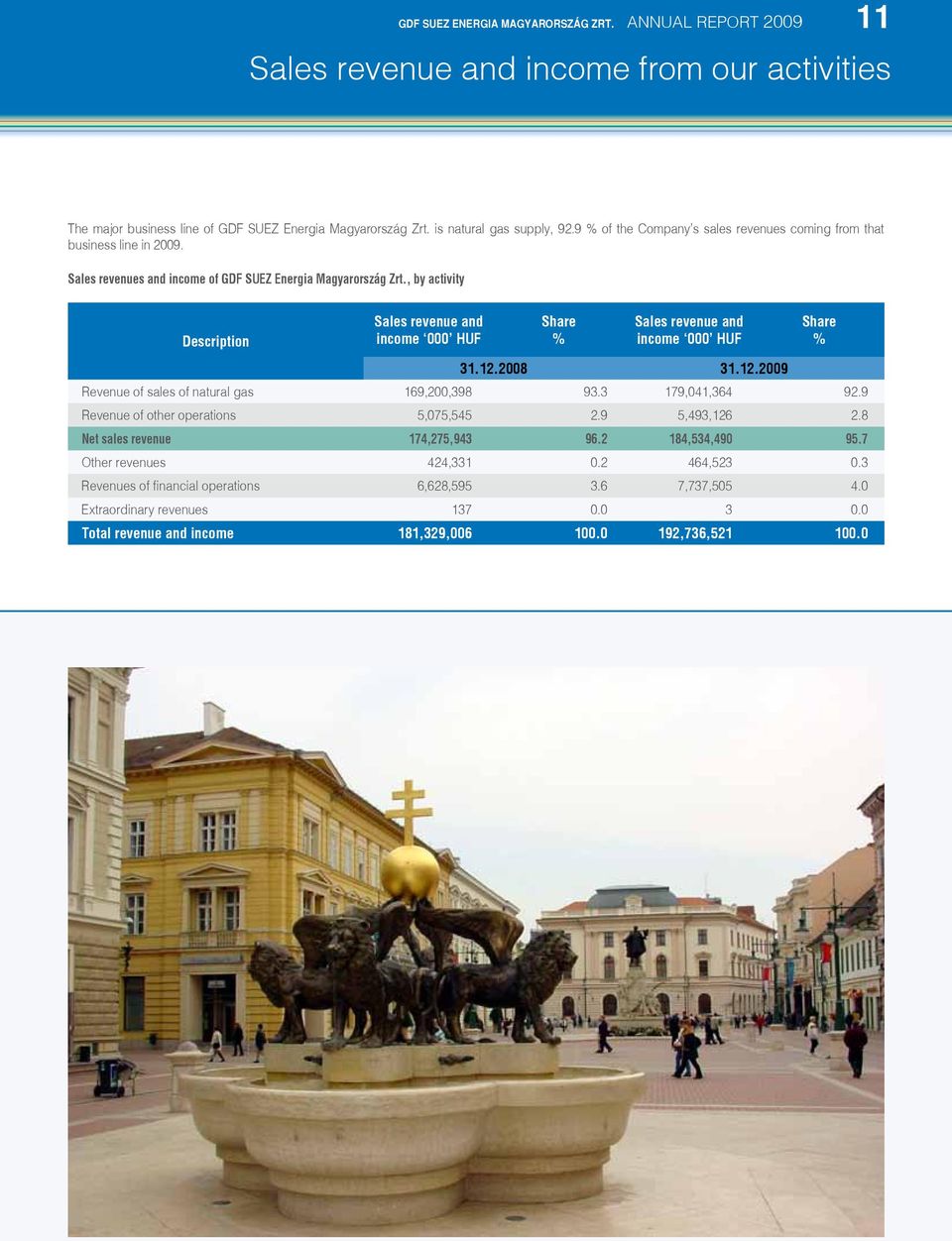 , by activity Description Sales revenue and income 000 HUF Share % Sales revenue and income 000 HUF 31.12.2008 31.12.2009 Revenue of sales of natural gas 169,200,398 93.3 179,041,364 92.