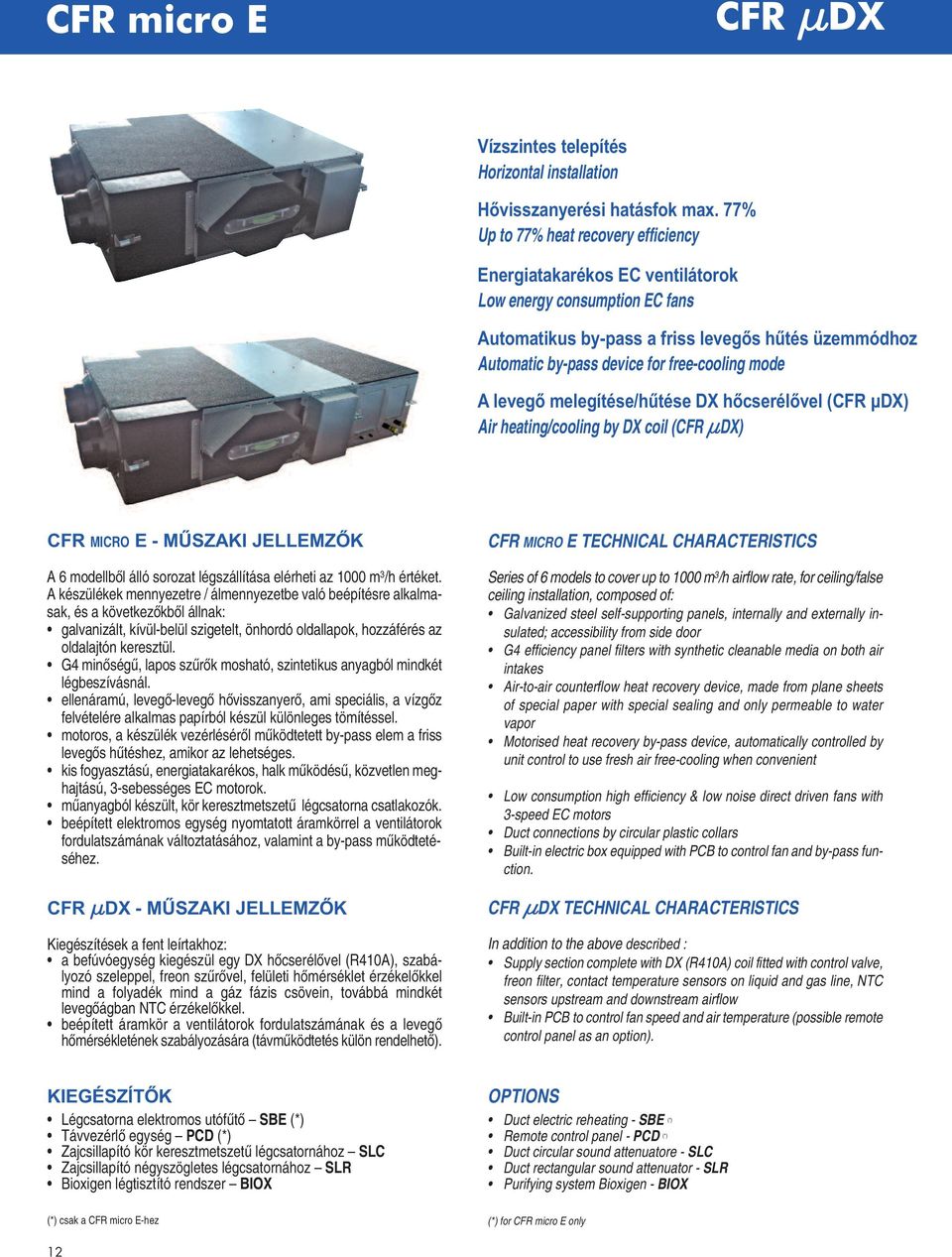 mode A levegő melegítése/hűtése DX hőcserélővel (CFR μdx) air heating/cooling by DX coil (CFR mdx) CFR MICRO E - MŰSZAKI JELLEMZŐK A 6 modellből álló sorozat légszállítása elérheti az 1000 m 3 /h